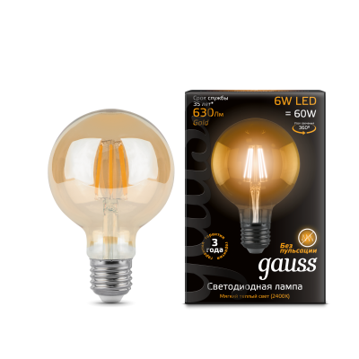 Лампа Gauss LED Filament G95 E27 6W Golden 2400K