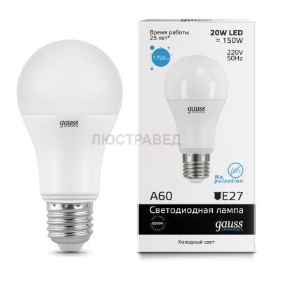 Лампа Gauss LED Elementary A60 20W E27 6500K/40